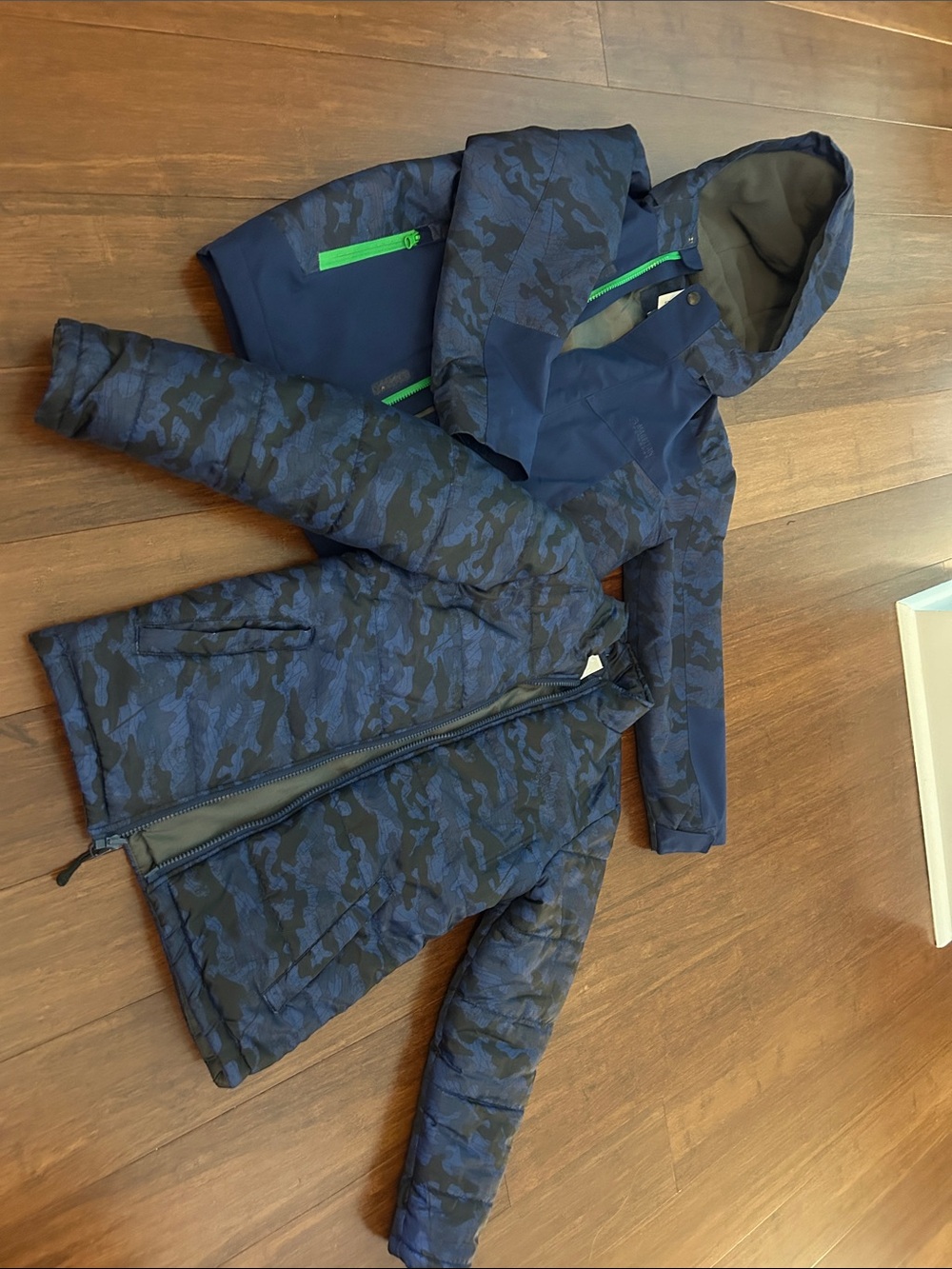 Two in One Kids Navy Blue Camo Puffer Jacket with Hood